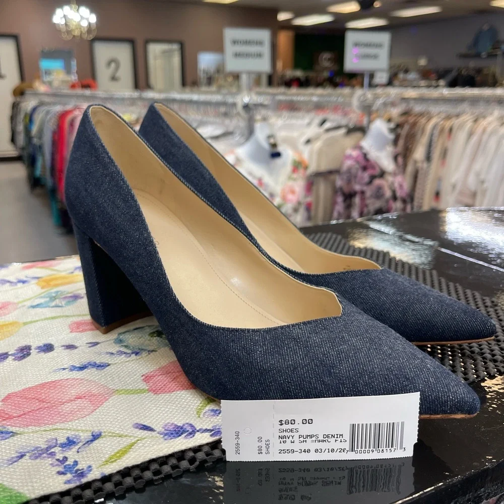 Marc Fisher Dark Denim Pointed Toe Block Heel Pumps - Picture 2 of 10